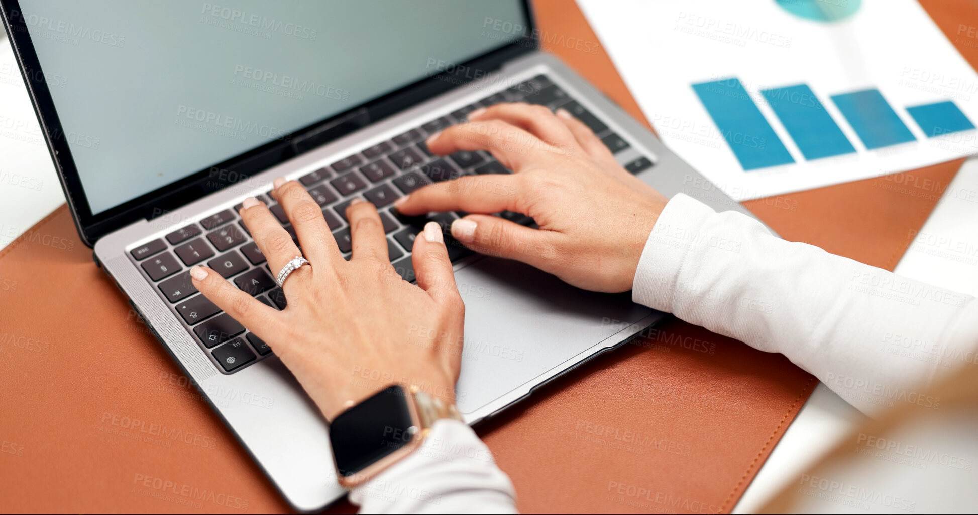 Buy stock photo Hands, person and accountant with laptop, online and financial report on website or budget analysis. Office, typing and planning for project, paperwork and bookkeeper with graphs for data entry
