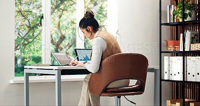 Buy stock photo Woman, writing and remote work in home with laptop, data analysis and finance report for audit. Person, freelancer and document at house with pc screen, graphs and financial statistics of company kpi