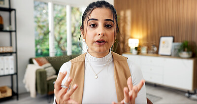 Buy stock photo Video call, talking and portrait of businesswoman in office with feedback on finance report. Planning, communication POV and female financial manager on virtual discussion for investment proposal.