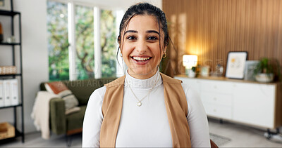 Buy stock photo Video call, happy and portrait of businesswoman in office with feedback on finance report. Smile, communication and female financial manager on virtual discussion for planning investment proposal.