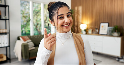 Buy stock photo Video call, smile and portrait of businesswoman in office with feedback on finance report. Happy, communication and female financial manager on virtual discussion for planning investment proposal.