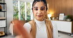 Video call, portrait and woman in home office, consultation and confident for online meeting in web. Virtual assistant, pov and person with pride, remote work and network on social media in house
