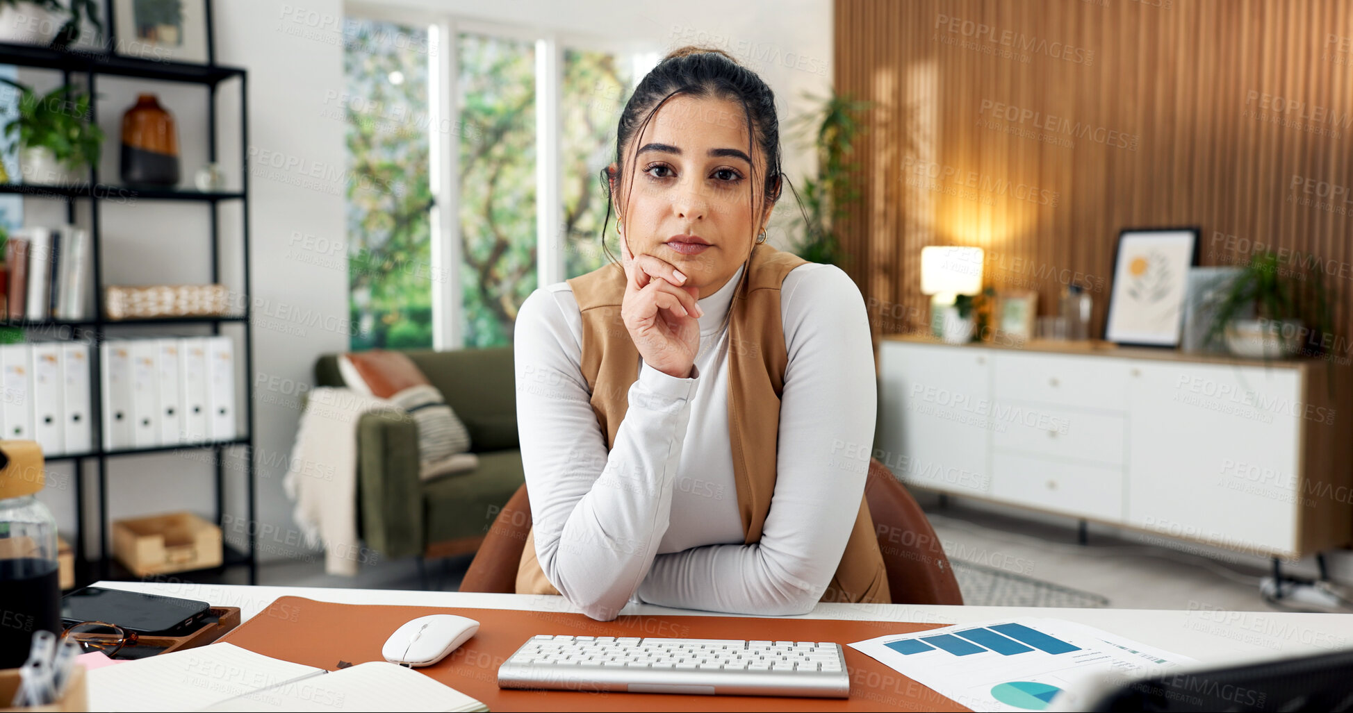 Buy stock photo Serious, reading and portrait of businesswoman in office with research for finance report with budget. Documents, statistics and female financial advisor with investment proposal in workplace.