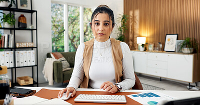 Buy stock photo Serious, research and portrait of businesswoman in office with paperwork for finance report with budget. Documents, statistics and female financial advisor with investment proposal in workplace.