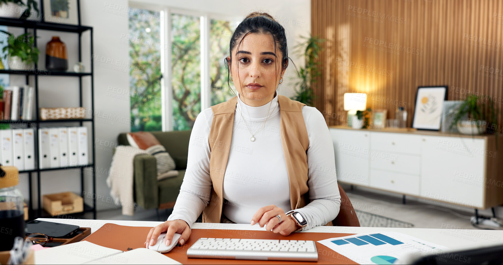 Buy stock photo Serious, research and portrait of businesswoman in office with paperwork for finance report with budget. Documents, statistics and female financial advisor with investment proposal in workplace.