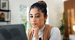Creative, online and woman with laptop in home office, digital marketing or planning for ad campaign. Freelancer, remote work and person with research, reading and brand awareness with tech in house
