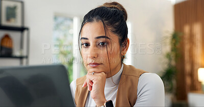 Buy stock photo Creative, thinking and woman with laptop in home office, digital marketing and plan for ad campaign. Freelance, remote work and person with research, reflection and brand awareness with tech in house