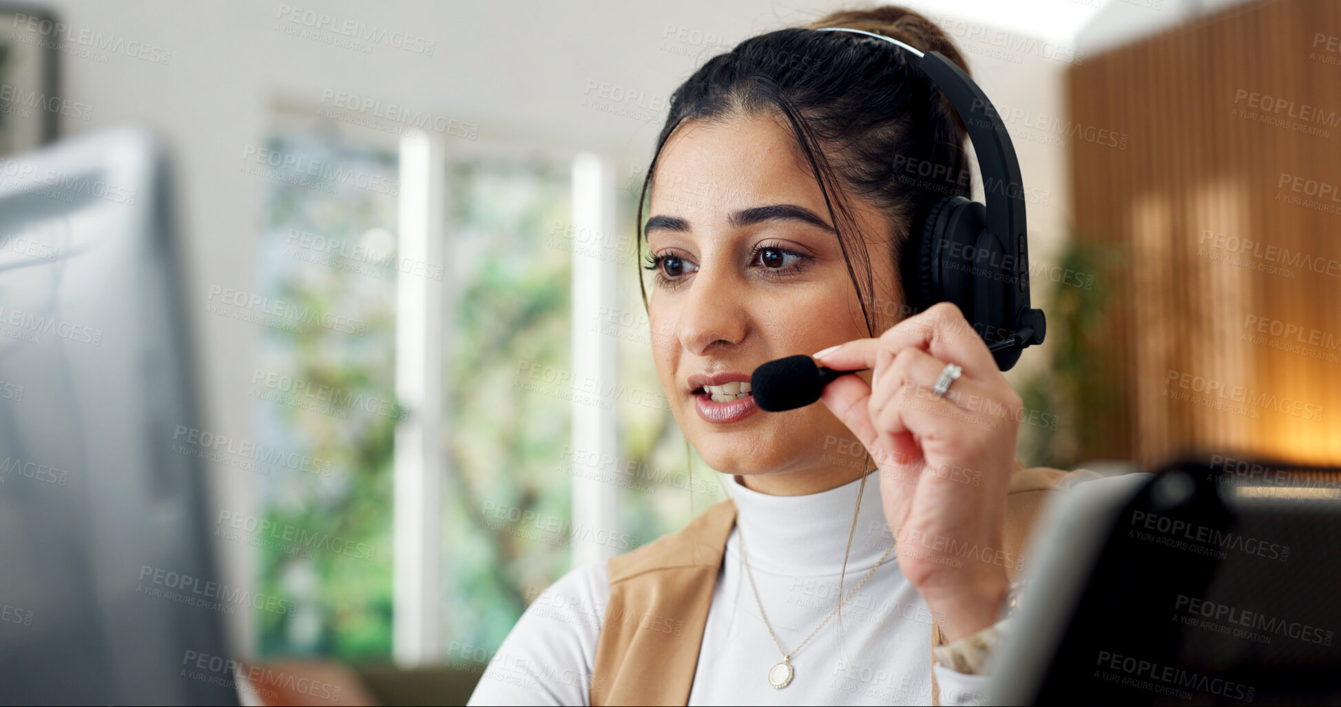 Buy stock photo Mic, laptop and woman in home for call center, crm or online consultation with contact us. Headset, remote work and female virtual assistant with query for customer service, help desk or support.
