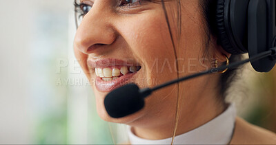 Buy stock photo Telemarketing, agent and happy woman with headset in home, freelancer or communication with contact. Remote work, consultation and person with mic for discussion, lead generation and sales in house