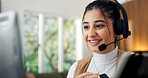 Telemarketing, headset and woman with computer in home office, talking or communication with contact. Remote work, consultation and person with mic for discussion, lead generation and sales in house