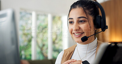 Buy stock photo Telemarketing, headset and woman with computer in home office, talking or communication with contact. Remote work, consultation and happy person with mic, chat and lead generation with tech in house