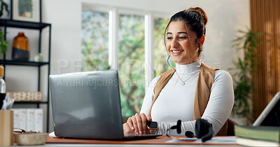 Buy stock photo Laptop, happy and businesswoman in office with research for finance report with budget plan. Technology, reading and financial manager on computer for feedback on investment proposal in workplace.