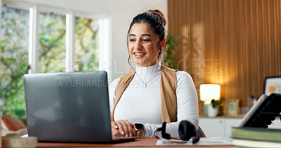 Buy stock photo Laptop, smile and businesswoman in office with research for finance report with budget plan. Technology, reading and financial manager on computer for feedback on investment proposal in workplace.