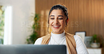 Buy stock photo Happy, laptop and woman in home for remote work, copywriting and seo review for website content. Smile, freelancer and person on computer for research, internet and typing for kpi analysis in house