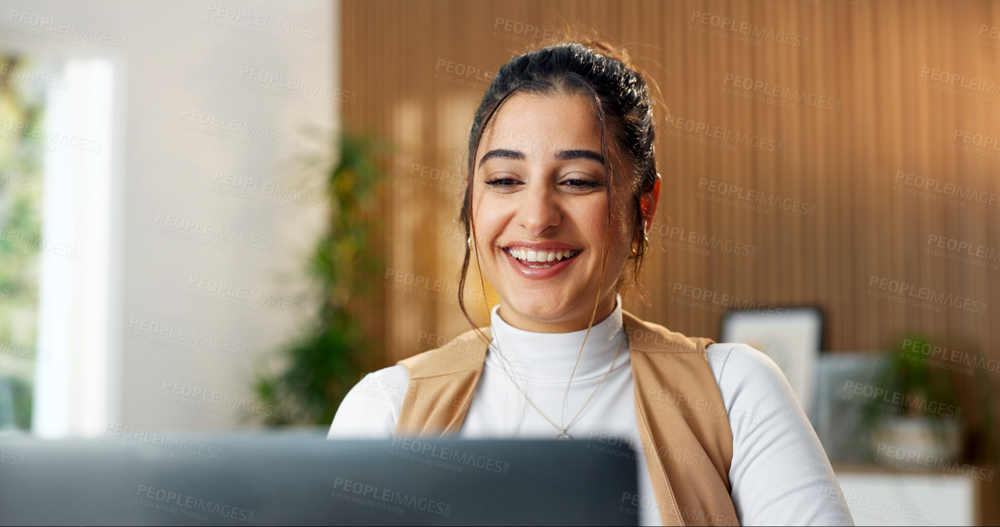 Buy stock photo Happy, laptop and woman in home for remote work, copywriting and seo review for website content. Smile, freelancer and person on computer for research, internet and typing for kpi analysis in house