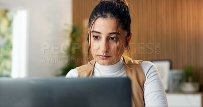 Buy stock photo Online, laptop and woman in home for remote work, copywriting or seo review for website content. Reading, freelancer and person on computer for research, internet or project for agenda in house