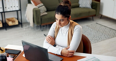 Buy stock photo Desk, laptop and woman in home for remote work, copywriting and seo review for website content. Above, freelancer and person on computer for research, internet and online for kpi analysis in house