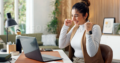 Buy stock photo Fist pump, laptop and businesswoman in office with good news, bonus or finance deal online. Happy, computer and female financial manager with email feedback on investment approval in workplace.