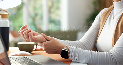 Buy stock photo Laptop, remote work and woman with wrist pain, hand injury  and joint inflammation at home. Computer, carpal tunnel syndrome and freelance person with arthritis, strain or muscle tension in house