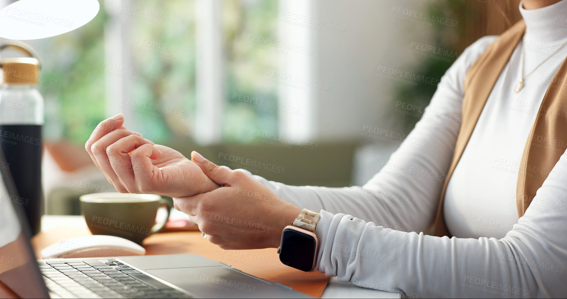 Buy stock photo Laptop, remote work and woman with wrist pain, hand injury  and joint inflammation at home. Computer, carpal tunnel syndrome and freelance person with arthritis, strain or muscle tension in house