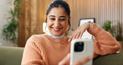 Buy stock photo Selfie, happy and woman on couch with smile, online memory and positive attitude on weekend break. Tech, optimism or person in home with good mood, digital post and social media update in Los Angeles