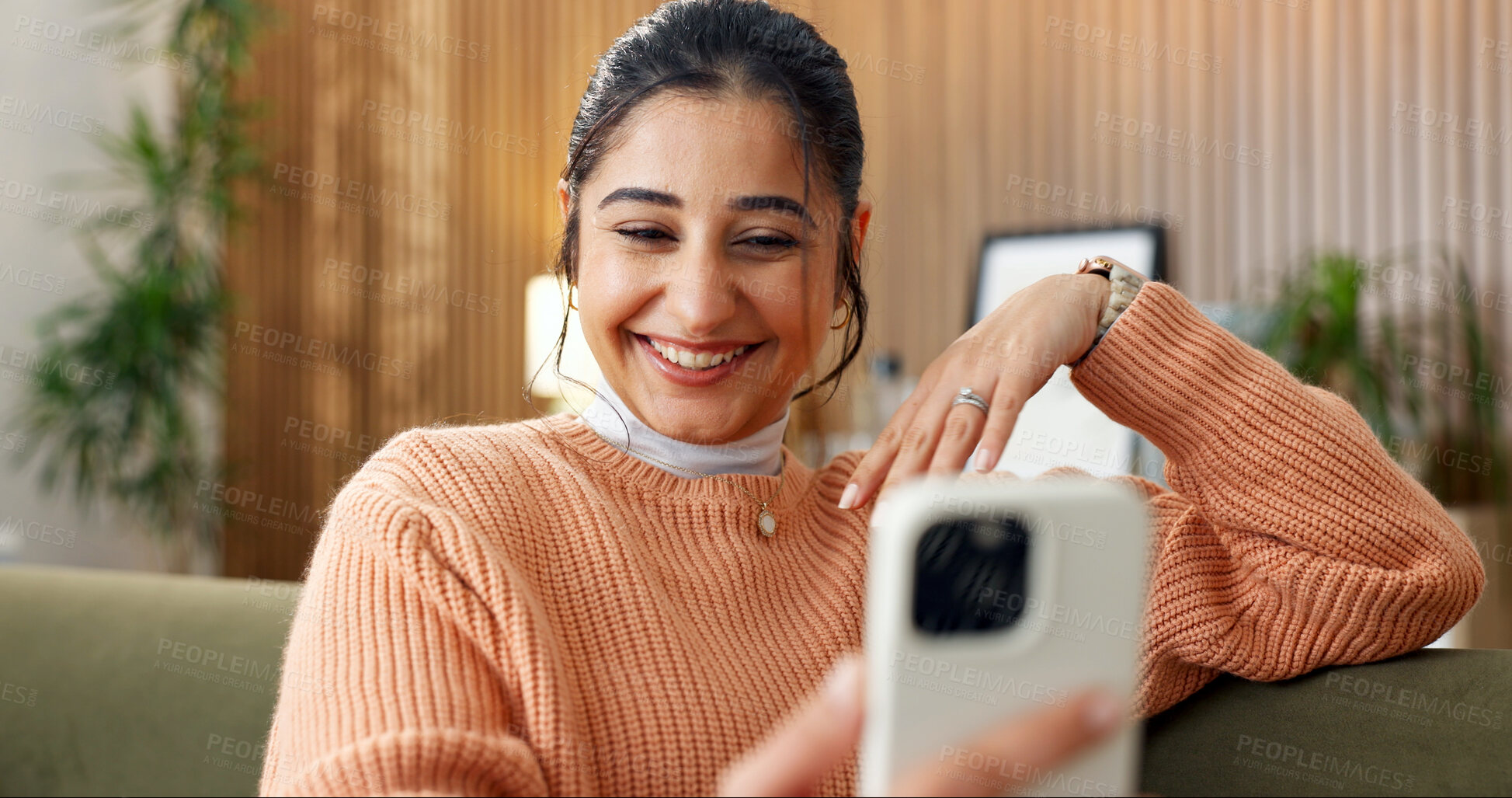 Buy stock photo Selfie, happy and woman on couch with smile, online memory and positive attitude on weekend break. Tech, optimism or person in home with good mood, digital post and social media update in Los Angeles