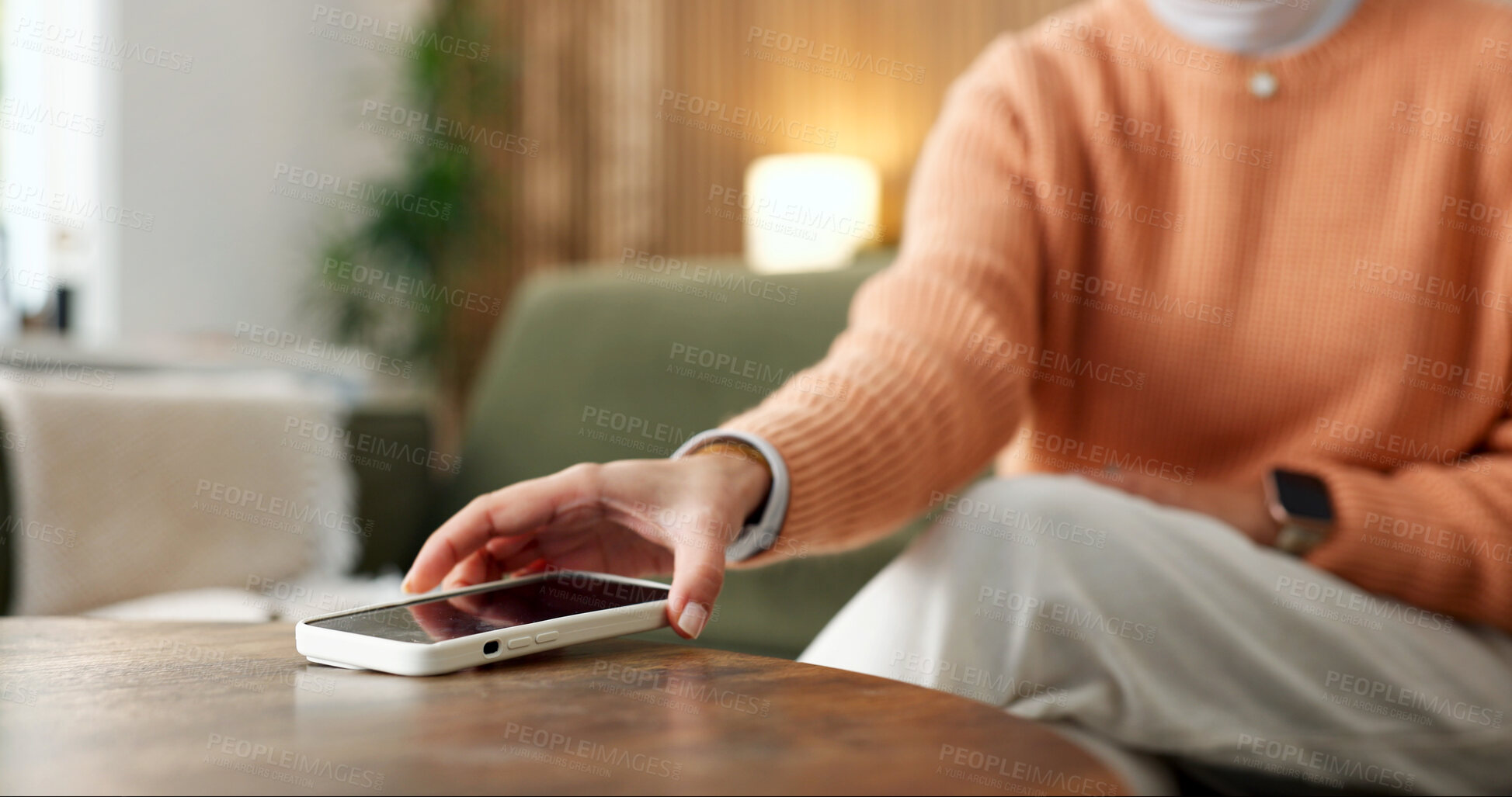 Buy stock photo Check, phone and hands of woman in home with notification, social media and message alert. House, reach and person with cellphone for internet, online chat and website for communication on weekend