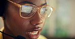 Woman, headset and talking for remote work with laptop, customer service and agent for crm. African person, freelancer or glasses reflection with pc, assistance and telecom advice for inquiry in home