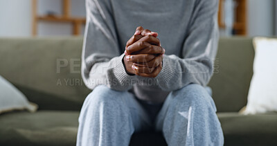 Buy stock photo Anxiety, sofa and hands of woman for overthinking, counseling session and help for mental health. Anxious, couch and person with nervous, overwhelmed and worry for decision, future and mistake