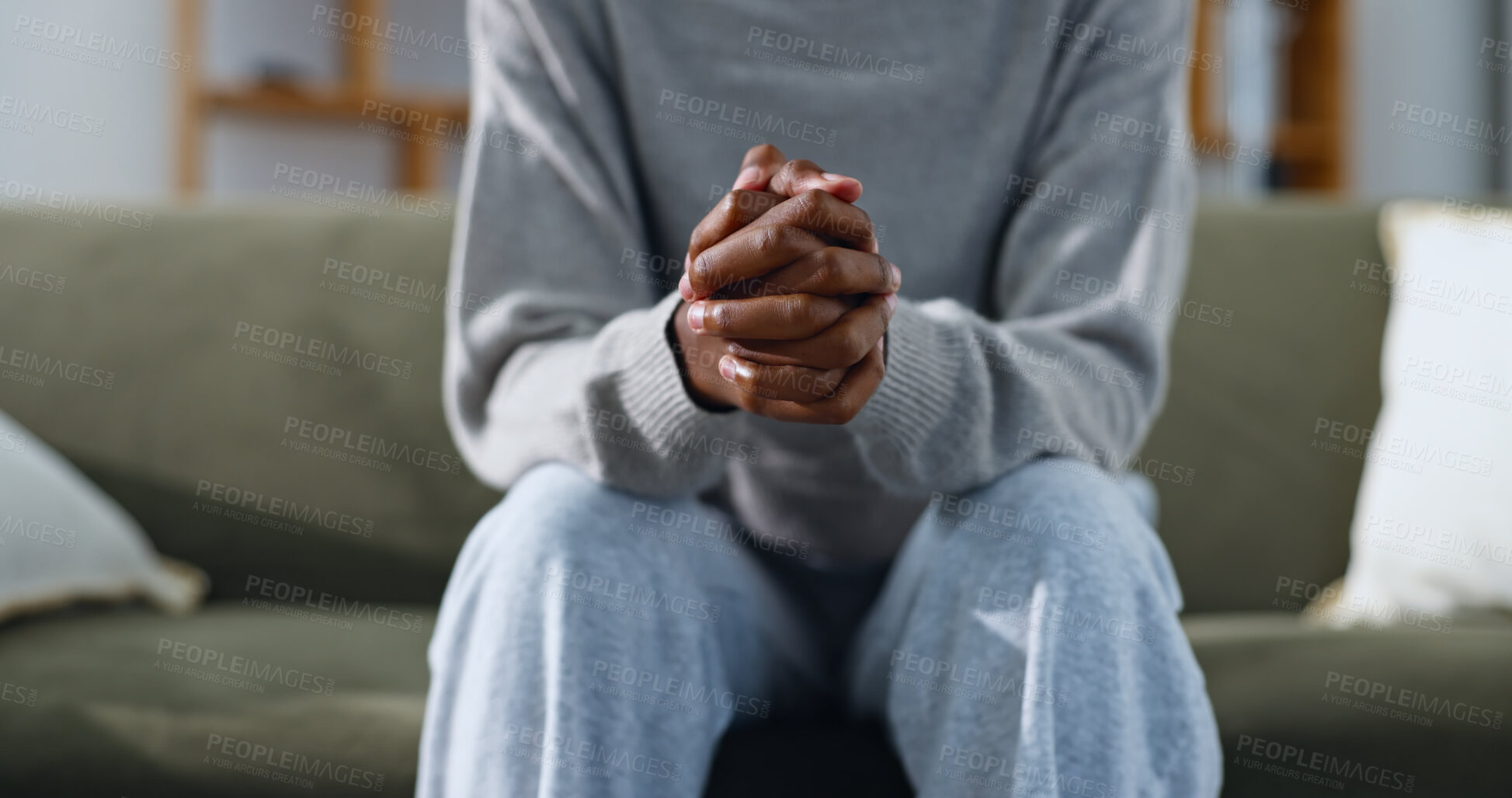 Buy stock photo Anxiety, sofa and hands of woman for overthinking, counseling session and help for mental health. Anxious, couch and person with nervous, overwhelmed and worry for decision, future and mistake
