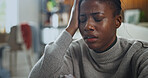Black woman, stress and burnout in living room for fear, overthinking or loss with pressure or phobia. Trauma, panic or female person with depression in home with anxiety for mental health crisis