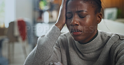 Buy stock photo Black woman, stress and burnout in living room for fear, overthinking or loss with pressure or phobia. Trauma, panic or female person with depression in home with anxiety for mental health crisis