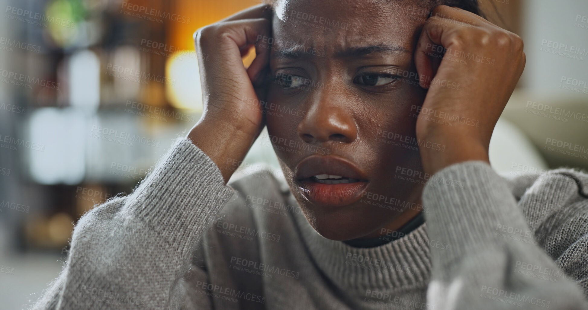 Buy stock photo Black woman, sad and anxiety in living room for fear, overthinking or loss with pressure or phobia. Trauma, panic or female person with depression in home with stress for mental health crisis