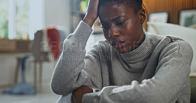 Buy stock photo Worry, sad and thinking with black woman in home for reflection, grief memory and trauma. Mental health, fear and perspective with person with depression in bedroom for sorrow, mindset and fatigue