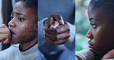 Buy stock photo Collage, sad and thinking with black woman in home for reflection, grief memory and trauma. Mental health, fear and perspective with person with depression in house for sorrow, mindset and fatigue