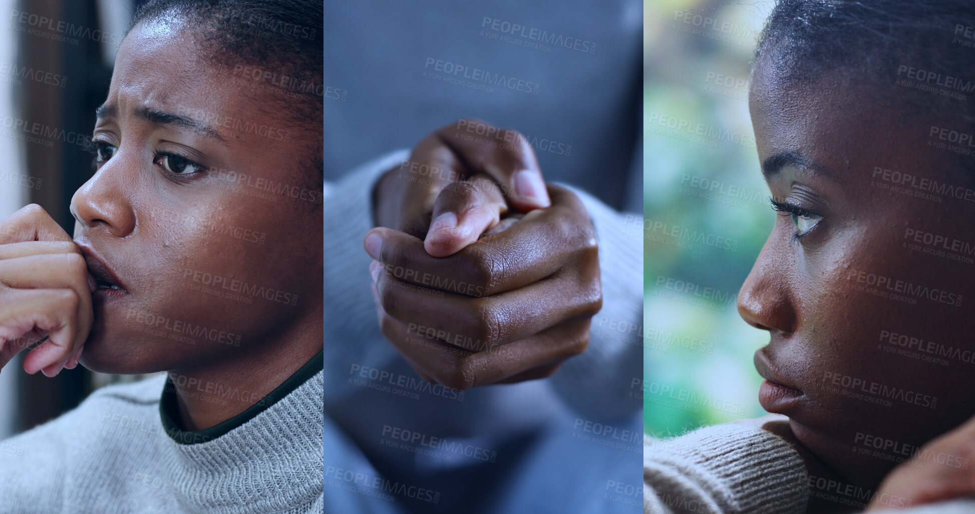 Buy stock photo Collage, sad and thinking with black woman in home for reflection, grief memory and trauma. Mental health, fear and perspective with person with depression in house for sorrow, mindset and fatigue