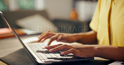 Buy stock photo Creative, research and hands with laptop in lounge, digital marketing and freelance campaign on web. Person, online and editing article with technology, social media manager and remote work in house