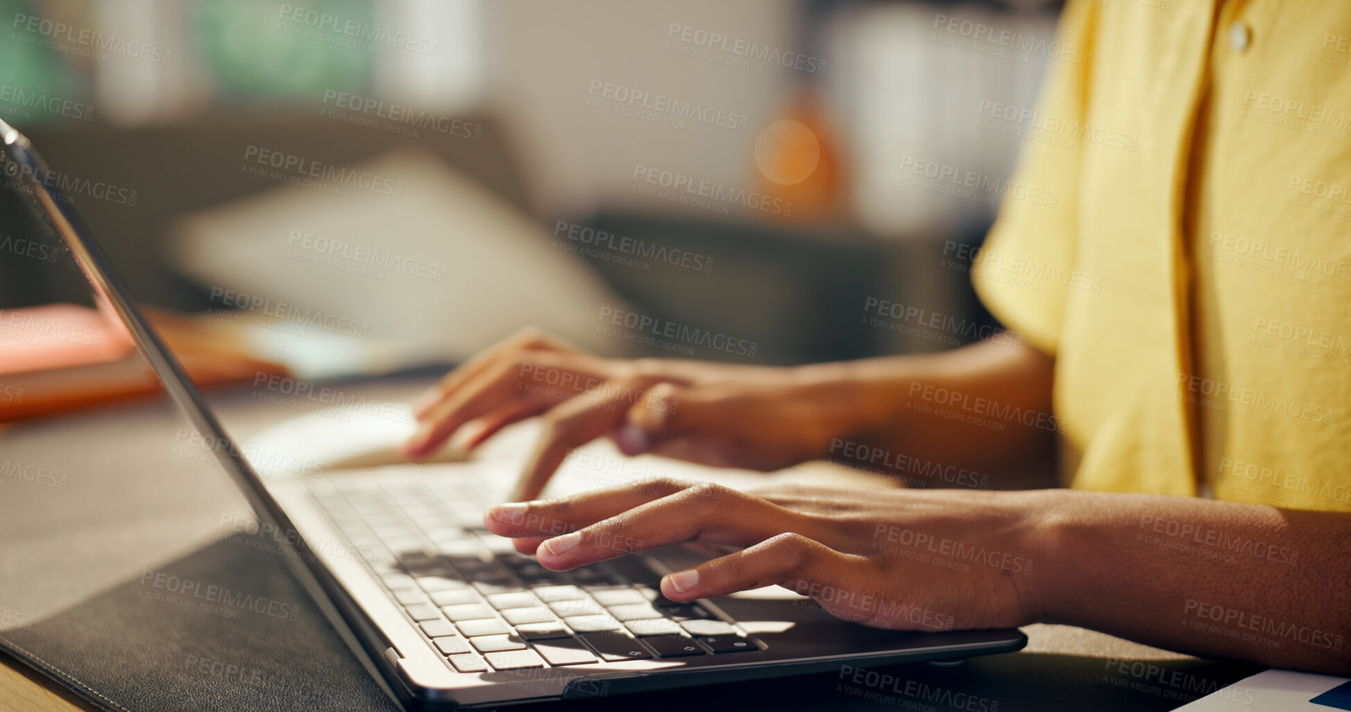 Buy stock photo Creative, research and hands with laptop in lounge, digital marketing and freelance campaign on web. Person, online and editing article with technology, social media manager and remote work in house