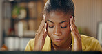 Stress, remote work and black woman with headache, pressure and overwhelmed for deadline. Freelance, frustrated and person with migraine, head pain and tech for project, mistake and error in home