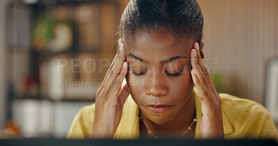 Buy stock photo Stress, remote work and black woman with headache, pressure and overwhelmed for deadline. Freelance, frustrated and person with migraine, head pain and tech for project, mistake and error in home