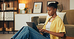Online, research and woman with laptop in lounge, digital marketing and freelance ad campaign on web. Creative, black person and editing article with tech, social media manager or remote work in home