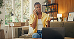 Angry, black woman and student in home with phone call, bad news and inquiry for poor grades. Upset, female person and laptop at house with mobile, application error and conflict for academic setback