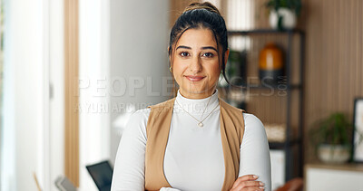 Buy stock photo Smile, portrait and woman in home office with arms crossed for talent agent, about us and opportunity. Freelancer, influencer marketing and person with pride for creative, confidence or ad campaign