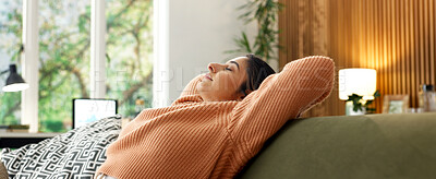 Buy stock photo Stretching, relax and smile with woman on sofa of home for calm, self care and weekend break. Eyes closed, pride or mindfulness with female person in living room in apartment for comfortable and rest