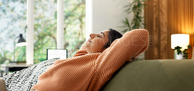 Buy stock photo Stretching, relax and peace with woman on sofa of home for calm, self care and weekend break. Eyes closed, pride or mindfulness with female person in living room in apartment for comfortable and rest
