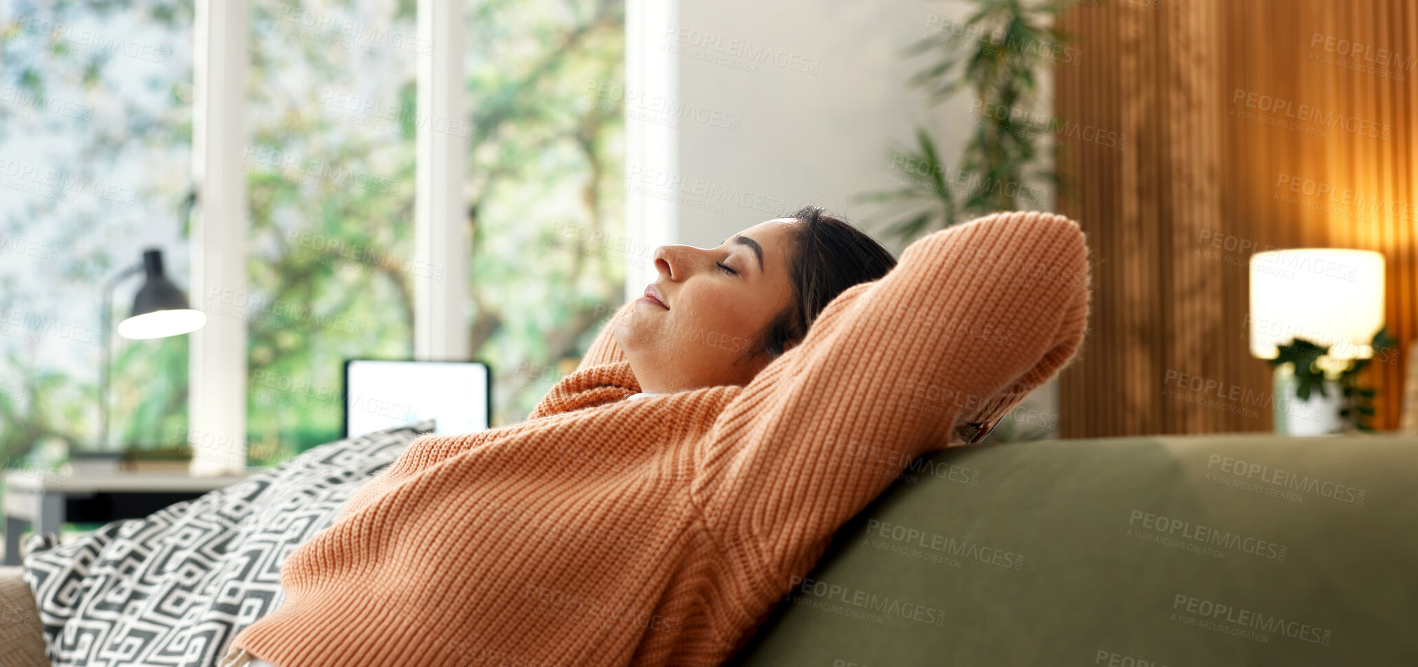 Buy stock photo Stretching, relax and peace with woman on sofa of home for calm, self care and weekend break. Eyes closed, pride or mindfulness with female person in living room in apartment for comfortable and rest