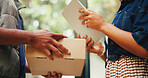 Package, delivery and hands with tablet, home and order verification on website or customer service. Ecommerce, courier and people with box in house, logistics and payment confirmation with tech