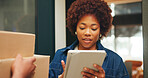 Package, delivery and woman with tablet, home and order verification on website or digital signature. Logistics, people and courier with box at house, ecommerce and payment confirmation with tech