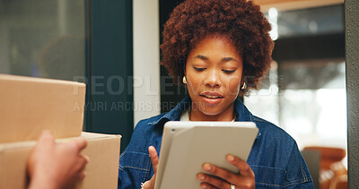 Buy stock photo Package, delivery and woman with tablet, home and order verification on website or digital signature. Logistics, people and courier with box at house, ecommerce and payment confirmation with tech