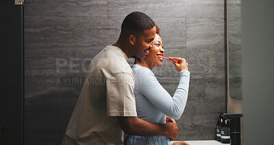 Buy stock photo Dental, hug or couple in house with toothbrush, mouth wellness or bonding with oral care. Loving, tool or people in home with embrace, teeth whitening or hygiene routine with romantic connection.